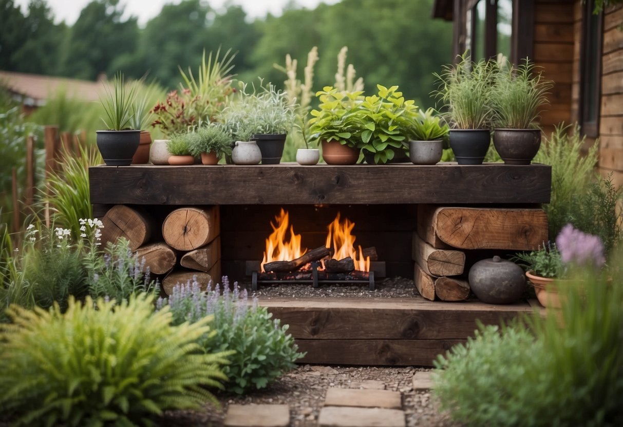 An outdoor fireplace made of railroad ties, surrounded by a rustic garden with various plants and decorative elements