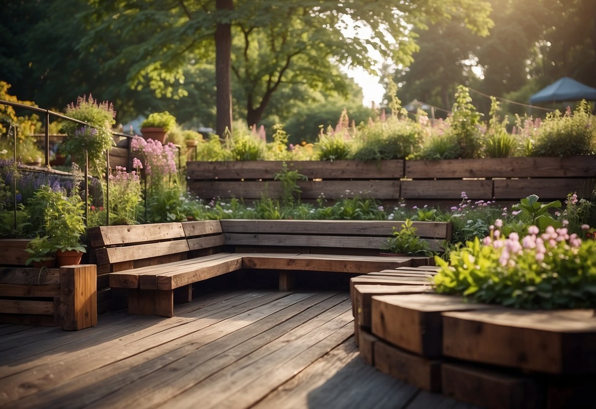 A seating area made of railroad ties surrounded by a garden, perfect for outdoor relaxation and enjoying nature