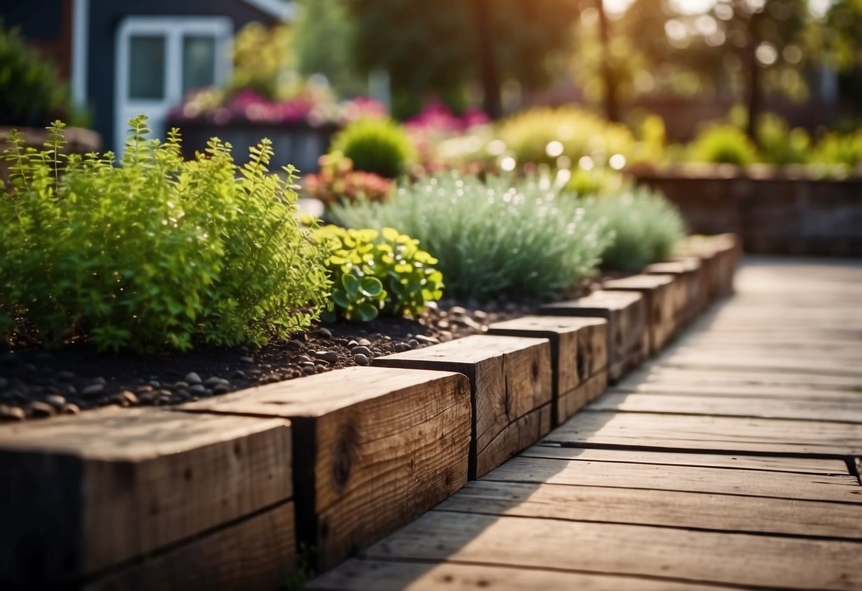 A patio foundation made of railroad ties with garden beds and unique landscaping ideas