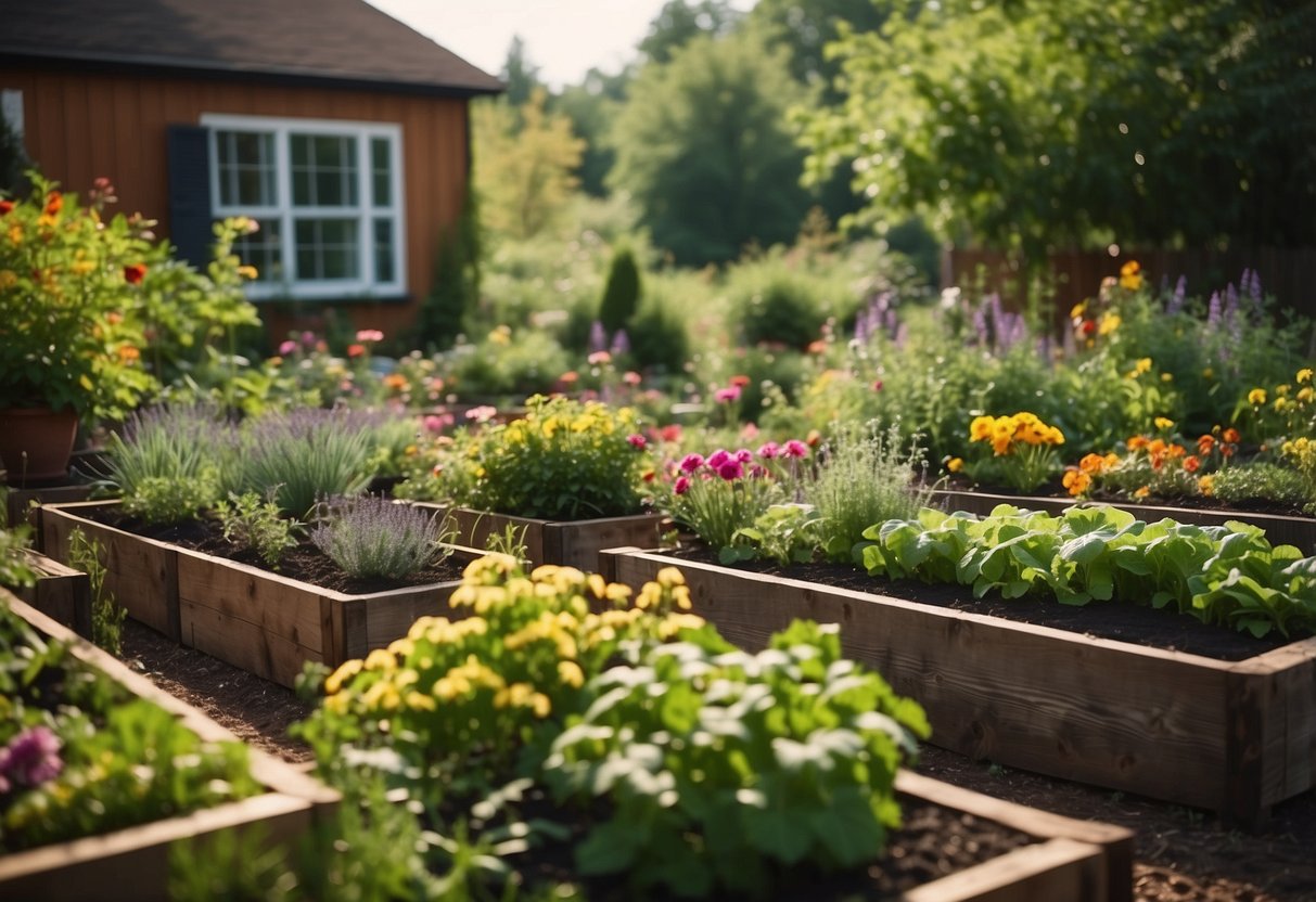 A garden with raised beds made of railroad ties, filled with vibrant flowers and thriving vegetables, surrounded by lush greenery and a peaceful atmosphere