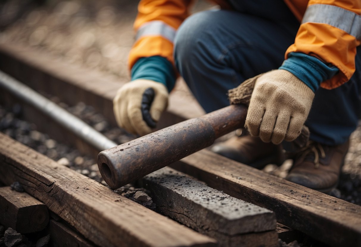 A person wearing gloves and safety goggles handles railroad ties in a well-ventilated outdoor area. They use a pry bar and sledgehammer to move the ties, being mindful of their weight and potential splinters