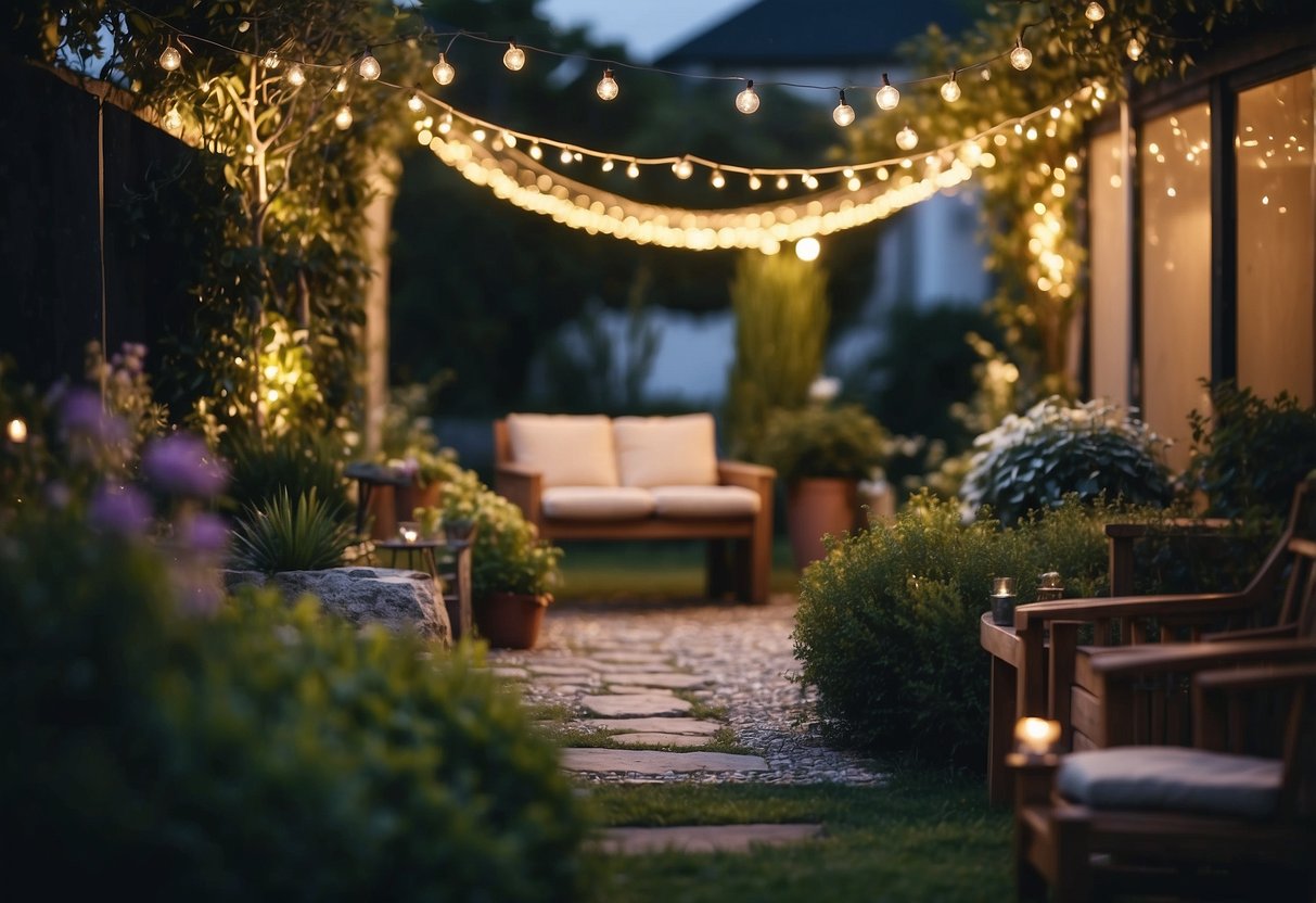 A garden adorned with twinkling fairy lights, creating a cozy and relaxing atmosphere