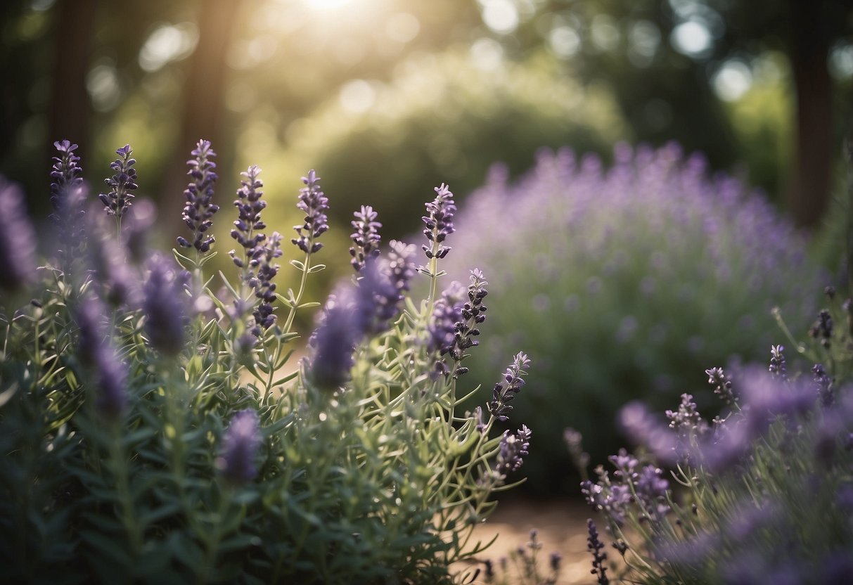 A garden filled with aromatic plants, such as lavender and eucalyptus, creating a serene and relaxing atmosphere