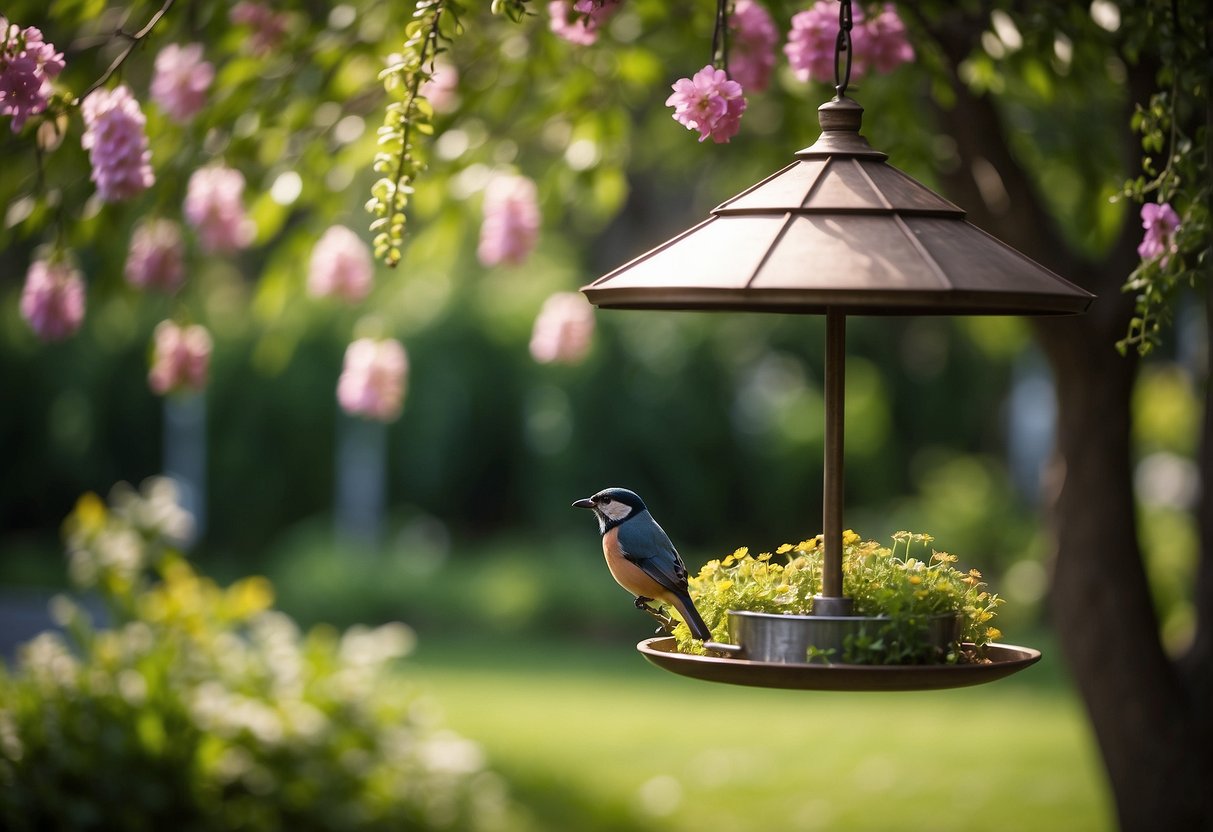 A bird feeder hangs from a tree in a peaceful garden, surrounded by colorful flowers and lush greenery