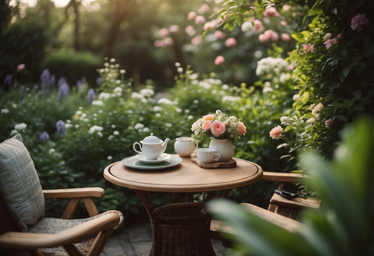 A cozy garden with plush seating, surrounded by lush greenery and blooming flowers. A small table holds a cup of tea and a book, inviting relaxation