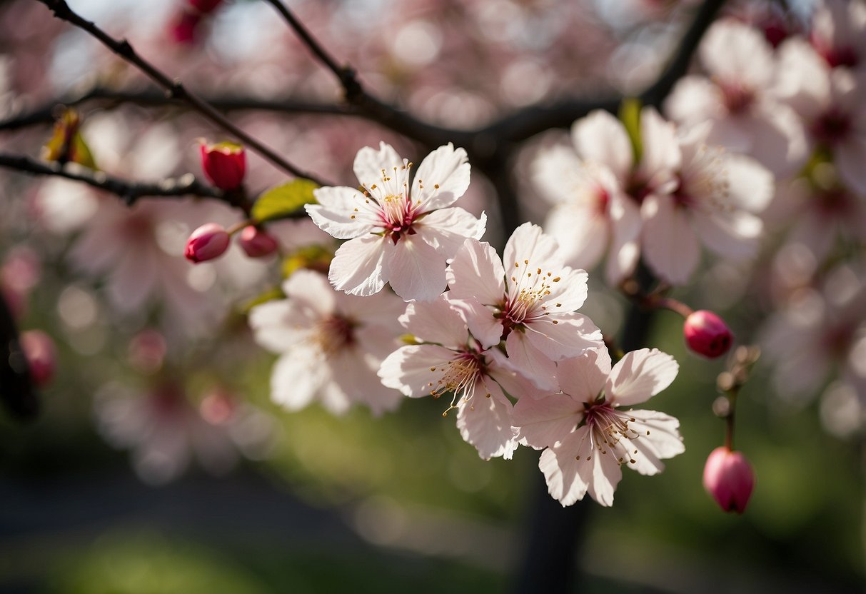 Cherry blossom trees in full bloom, surrounded by a lush garden with vibrant red flowers and green foliage