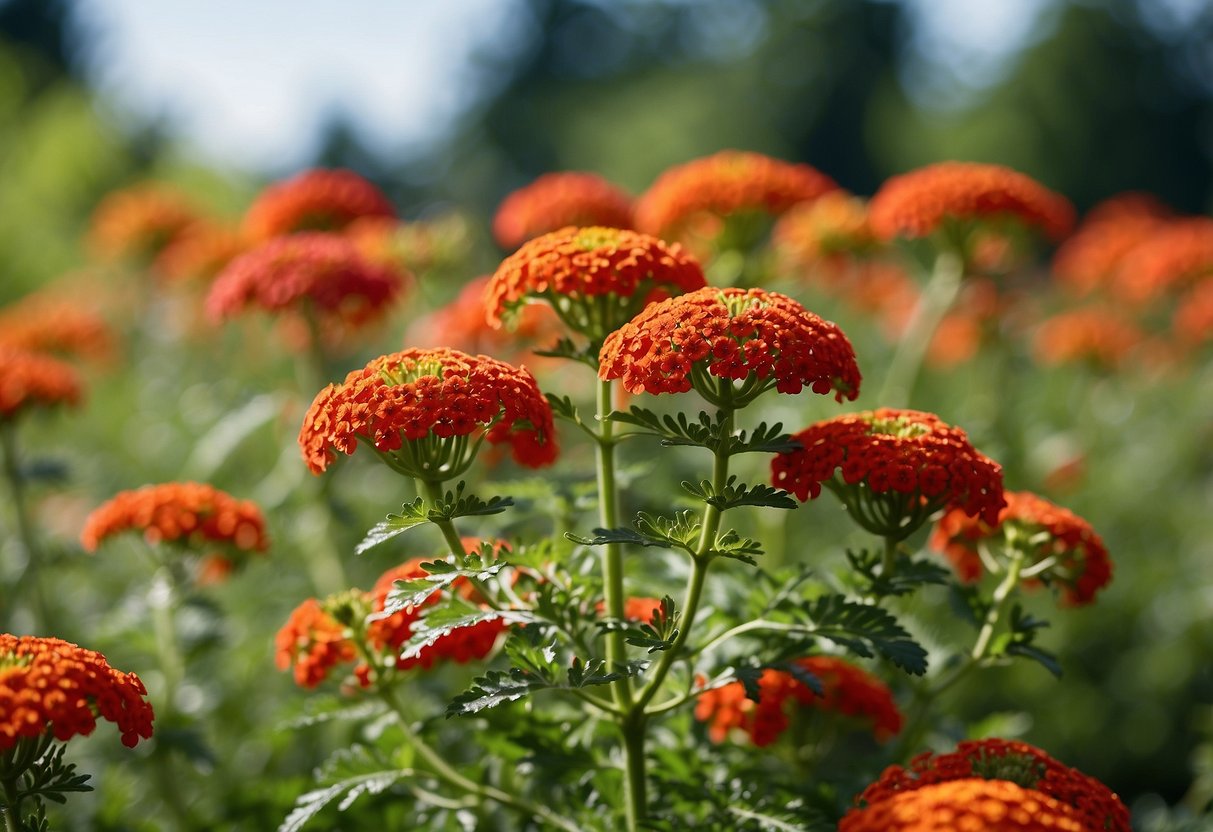 A vibrant garden filled with paprika yarrow, creating a striking red color scheme. Lush green foliage serves as a backdrop, with the yarrow blossoms standing out against the verdant backdrop