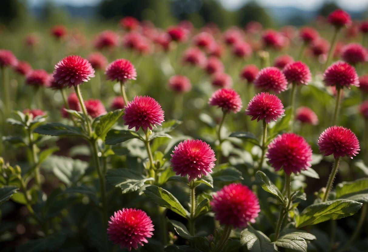 A lush garden of red gomphrena flowers in a strawberry field