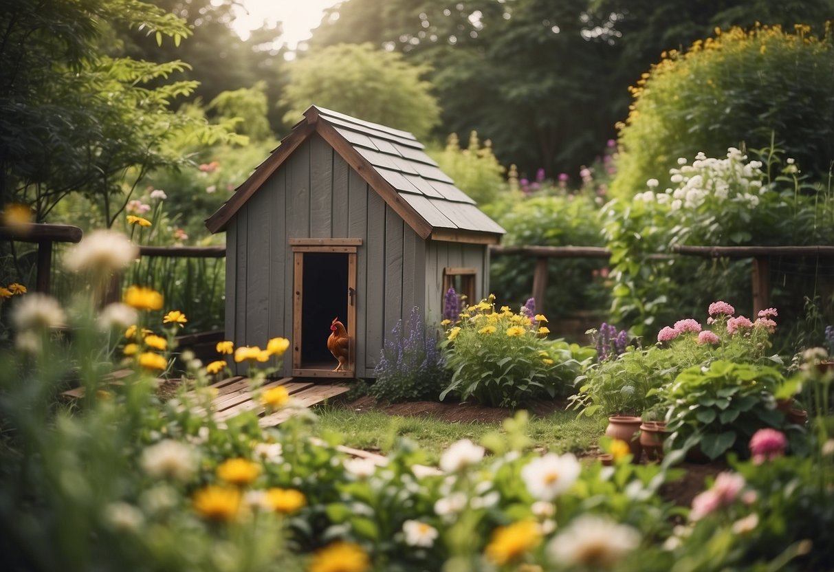 A chicken coop and run nestled in a lush rural garden, surrounded by blooming flowers and vegetables