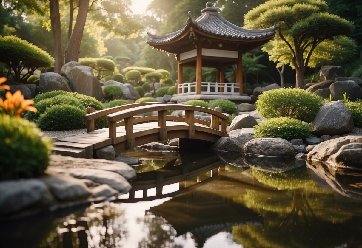 A serene Zen garden with a koi pond, raked gravel, and lush greenery. A small wooden bridge spans the pond, leading to a stone pagoda