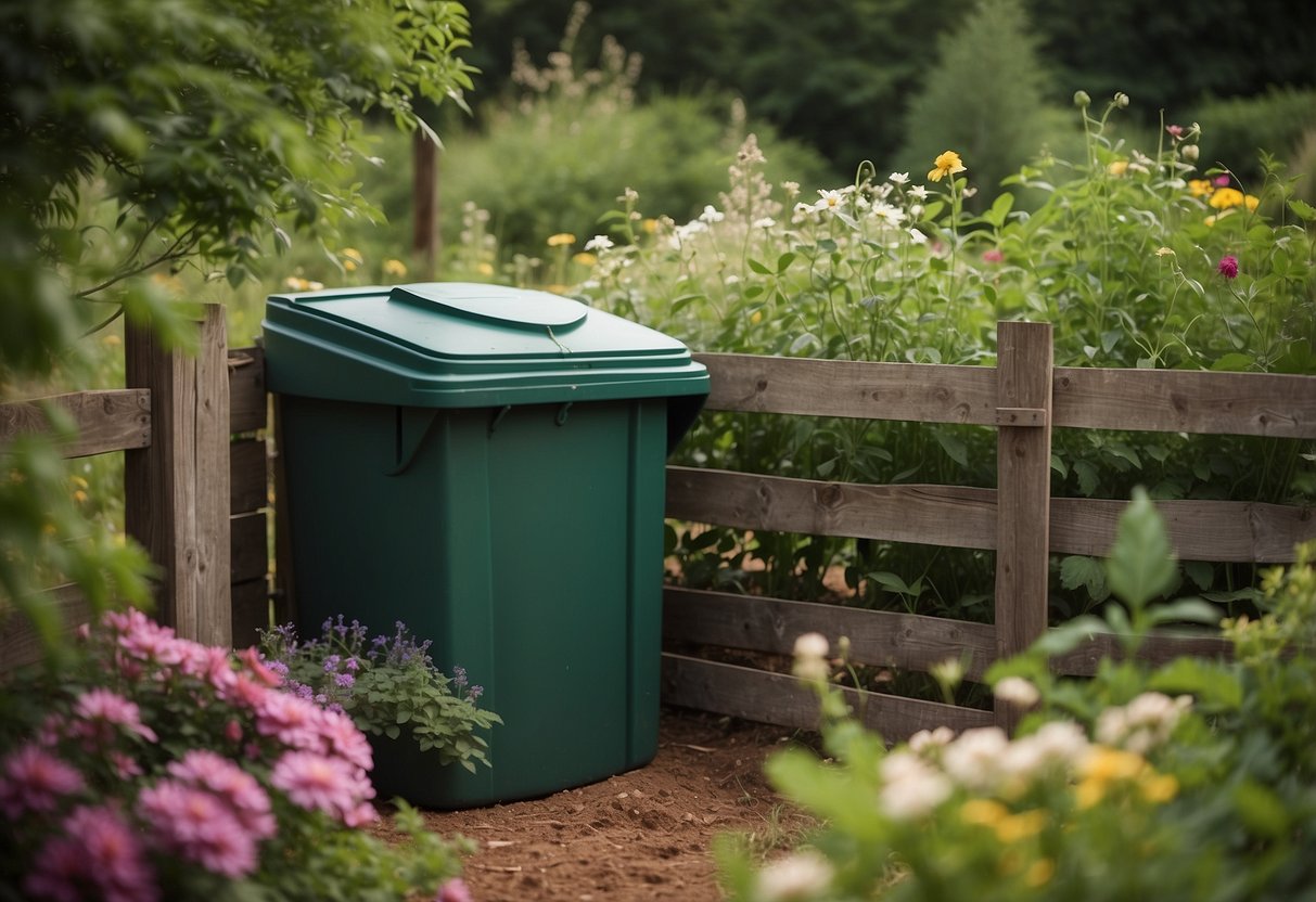 A compost bin surrounded by lush greenery, with a variety of plants and flowers growing nearby. A wooden fence and rustic garden tools complete the rural scene