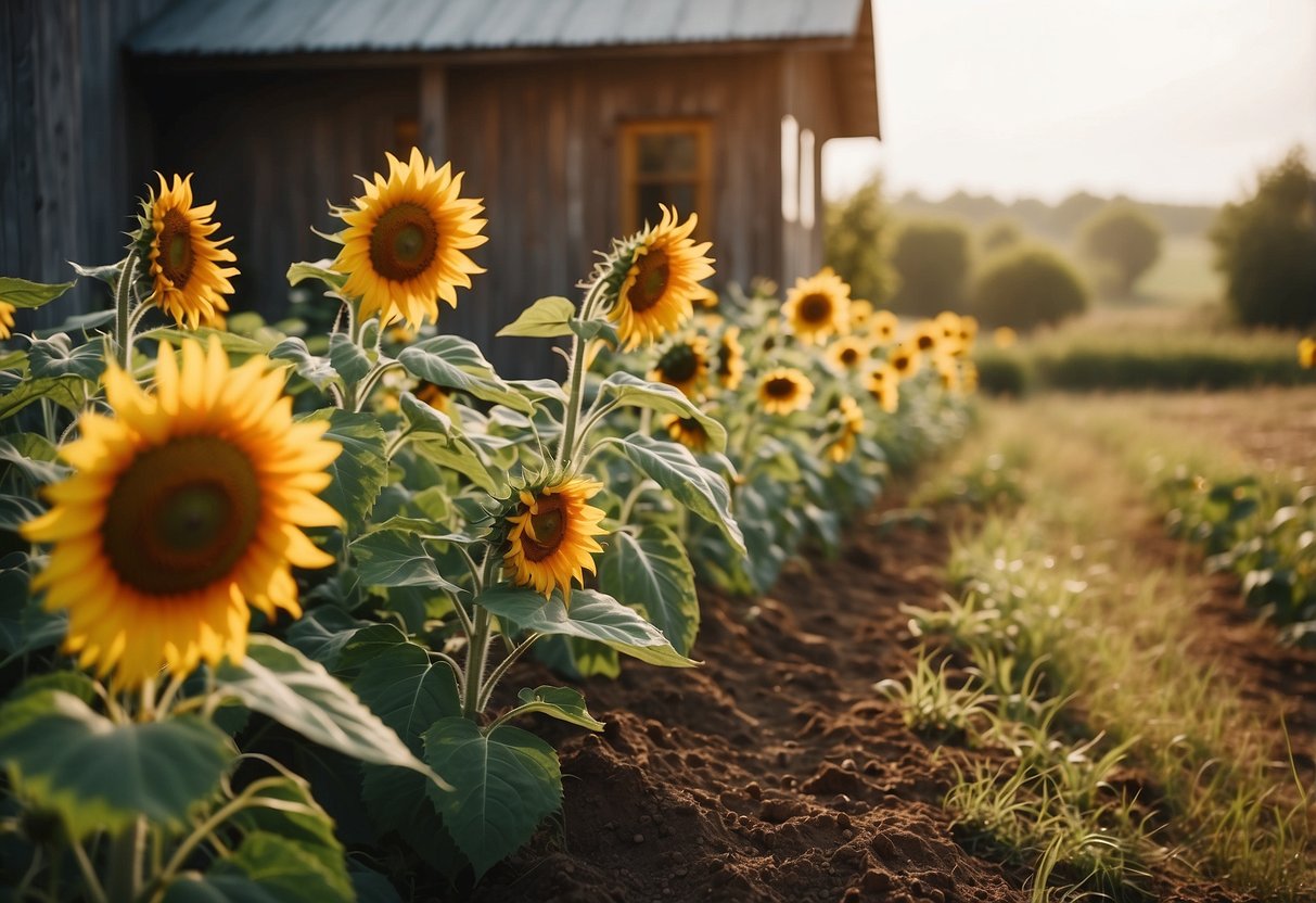 A sunflower border lines the edge of a rustic rural garden, with a quaint farmhouse in the background