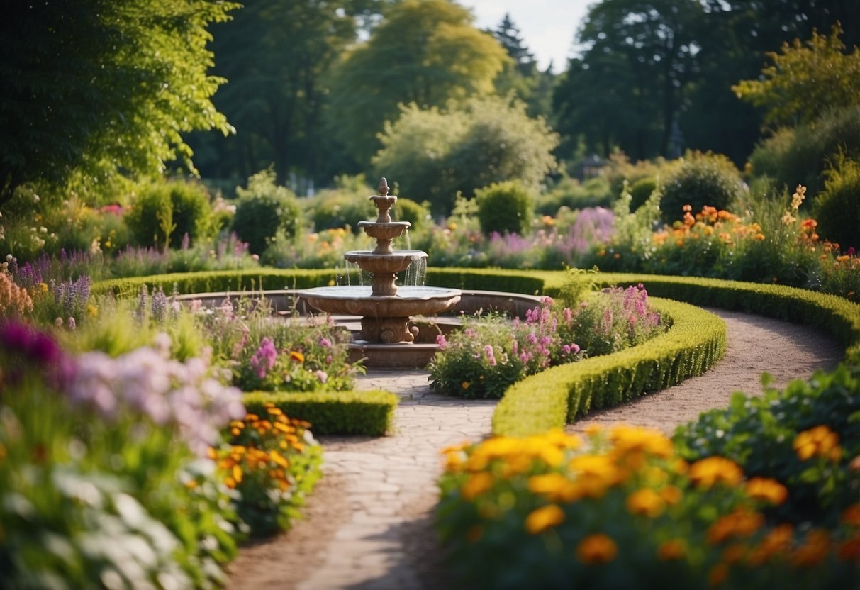 A sprawling rural garden with winding paths, raised vegetable beds, and a central fountain surrounded by colorful flowers and lush greenery