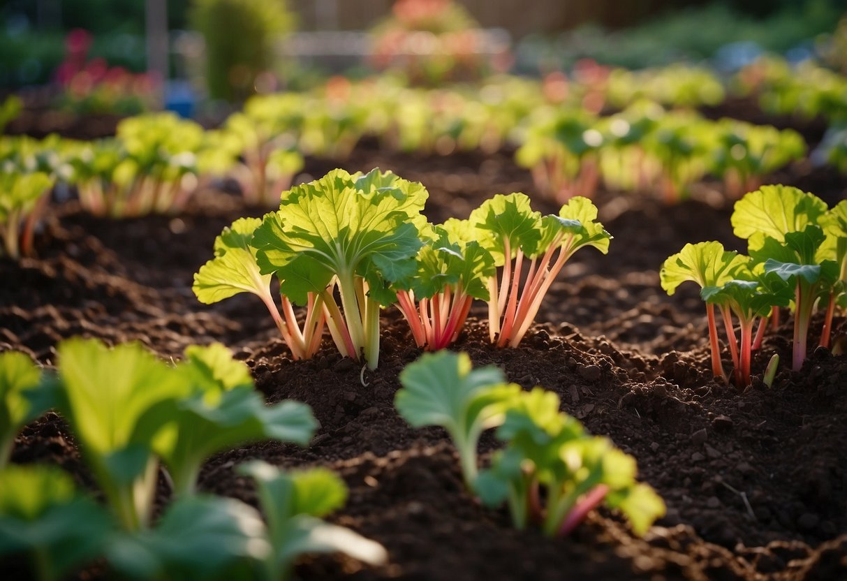 A lush rhubarb patch grows in compost-enriched soil, surrounded by mulch and garden tools. Tall, vibrant stalks reach towards the sun, creating a picturesque and bountiful garden scene