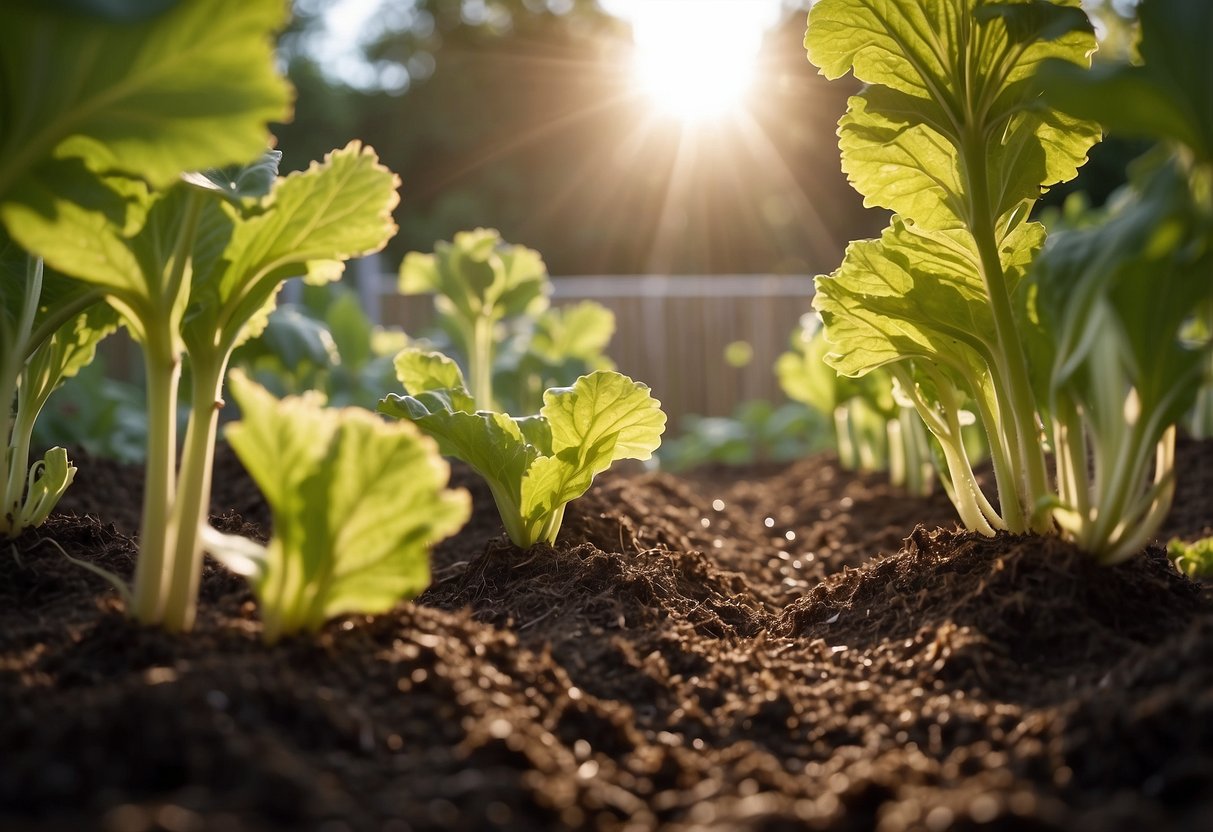 Rhubarb garden with mulch, compost, and straw. Surrounding plants include herbs and flowers. Sunlight filters through the trees