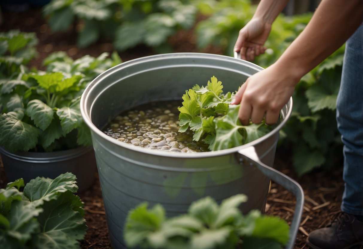 A person mixing rhubarb leaves and water in a bucket, creating homemade fertilizer for their garden