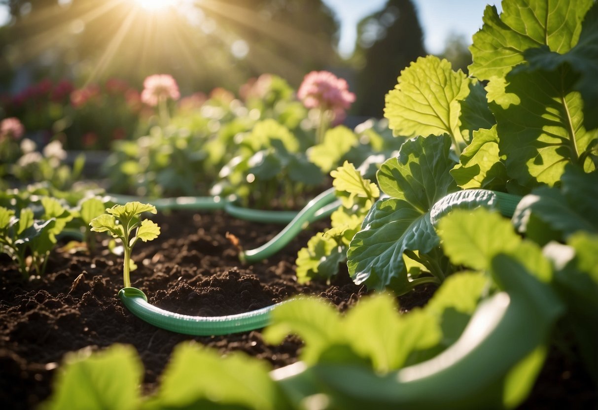 A garden hose waters a lush patch of rhubarb, with a watering can nearby. The sun shines overhead, casting a warm glow on the vibrant green leaves