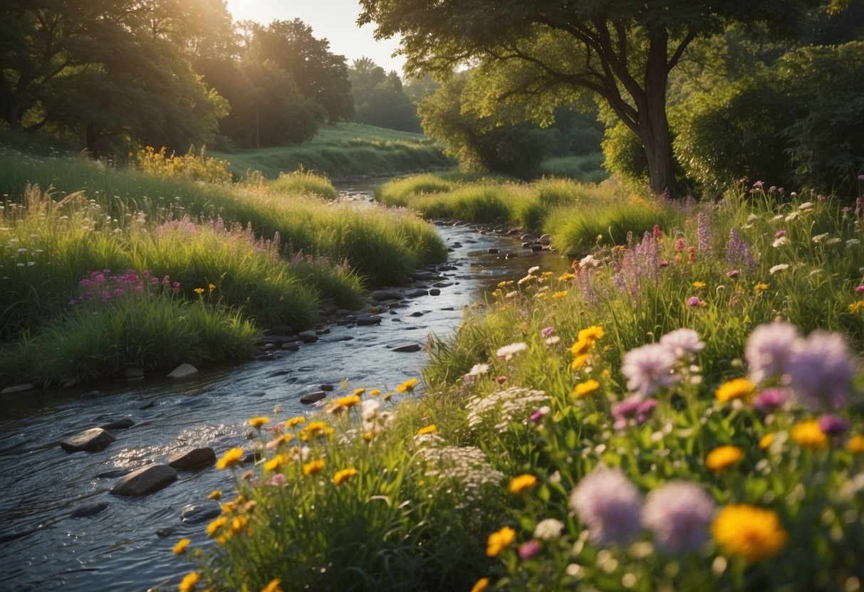 A vibrant riverbank garden blooms with wildflowers, winding paths, and a serene river flowing alongside. The lush greenery and colorful blooms create a peaceful sanctuary