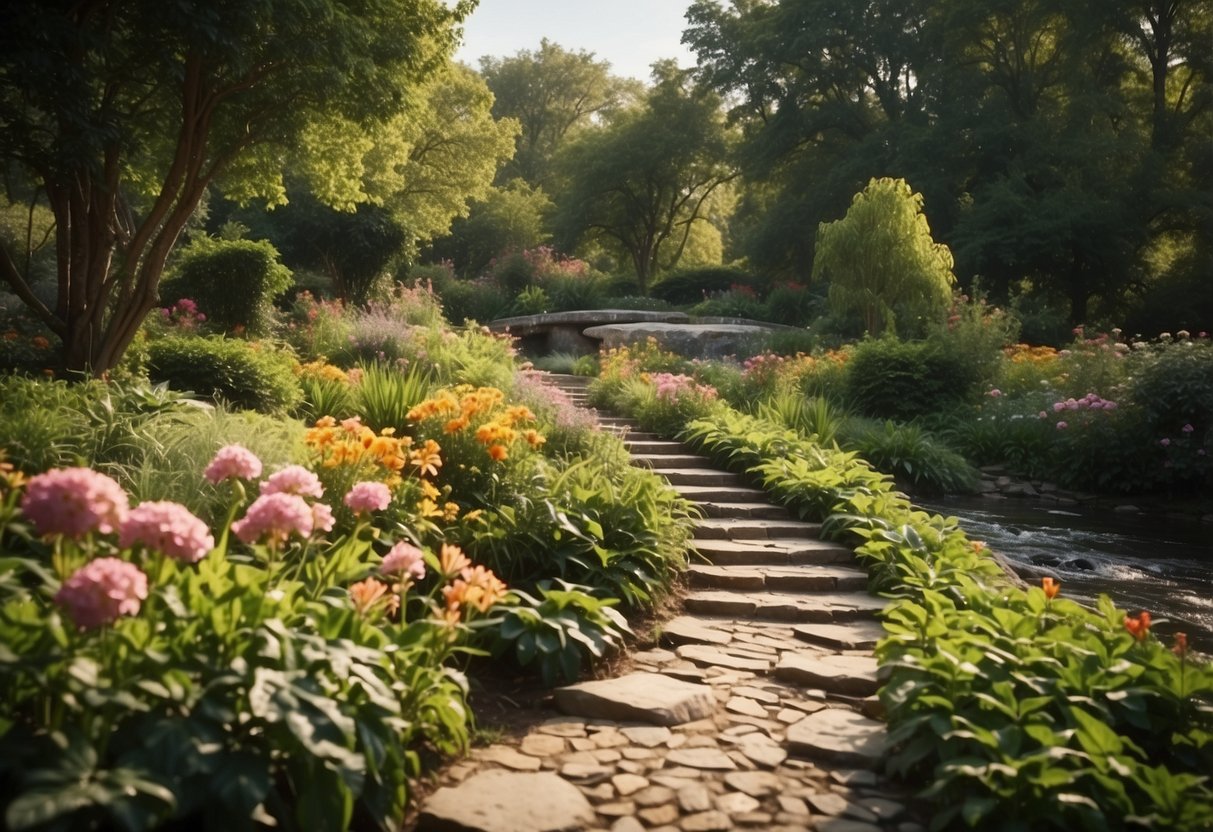 A stone pathway winds through a lush oasis river bank garden, with vibrant flowers and greenery lining the banks