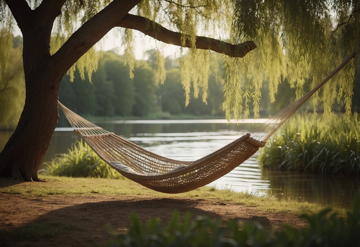 A serene river bank with a willow tree, hammock, and garden retreat