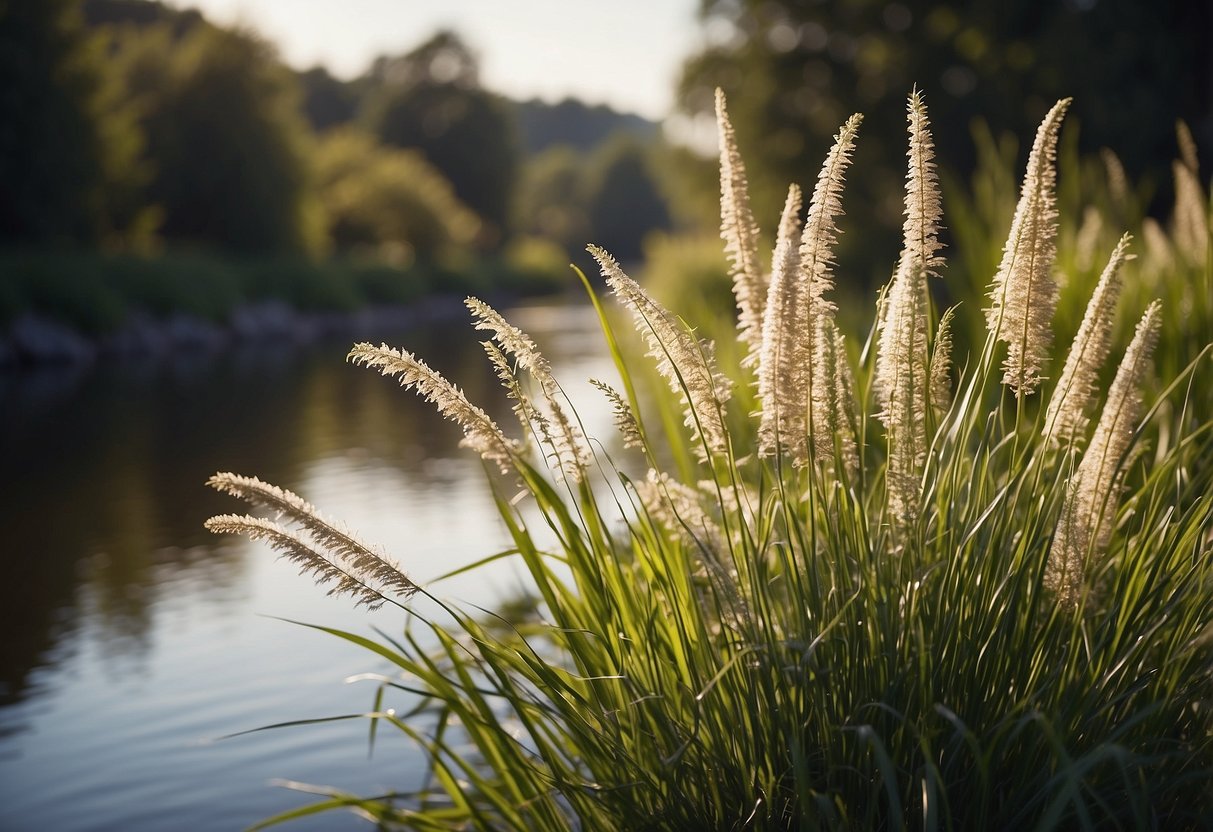 Lush native grasses line the river bank, creating a natural border for a tranquil garden