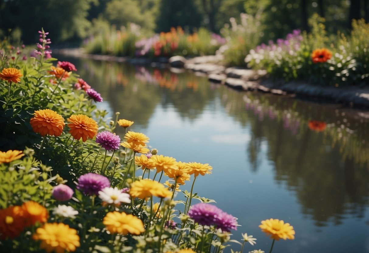 Colorful flowers float on the calm river, creating a serene garden along the bank. Lush greenery surrounds the floating flower beds, adding to the tranquil scene