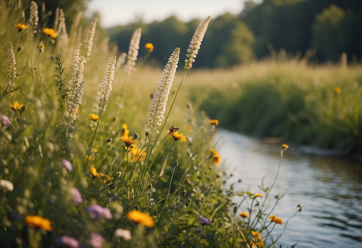 Colorful flowers and tall grasses line the river bank, attracting butterflies with their sweet nectar. A gentle stream flows by, creating a peaceful and serene garden setting