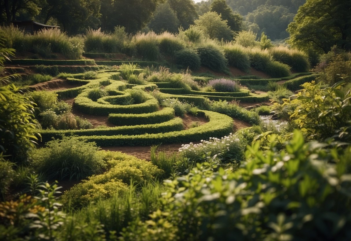 A winding herb spiral garden nestled along a gentle river bank, with a variety of aromatic plants cascading down the terraced beds