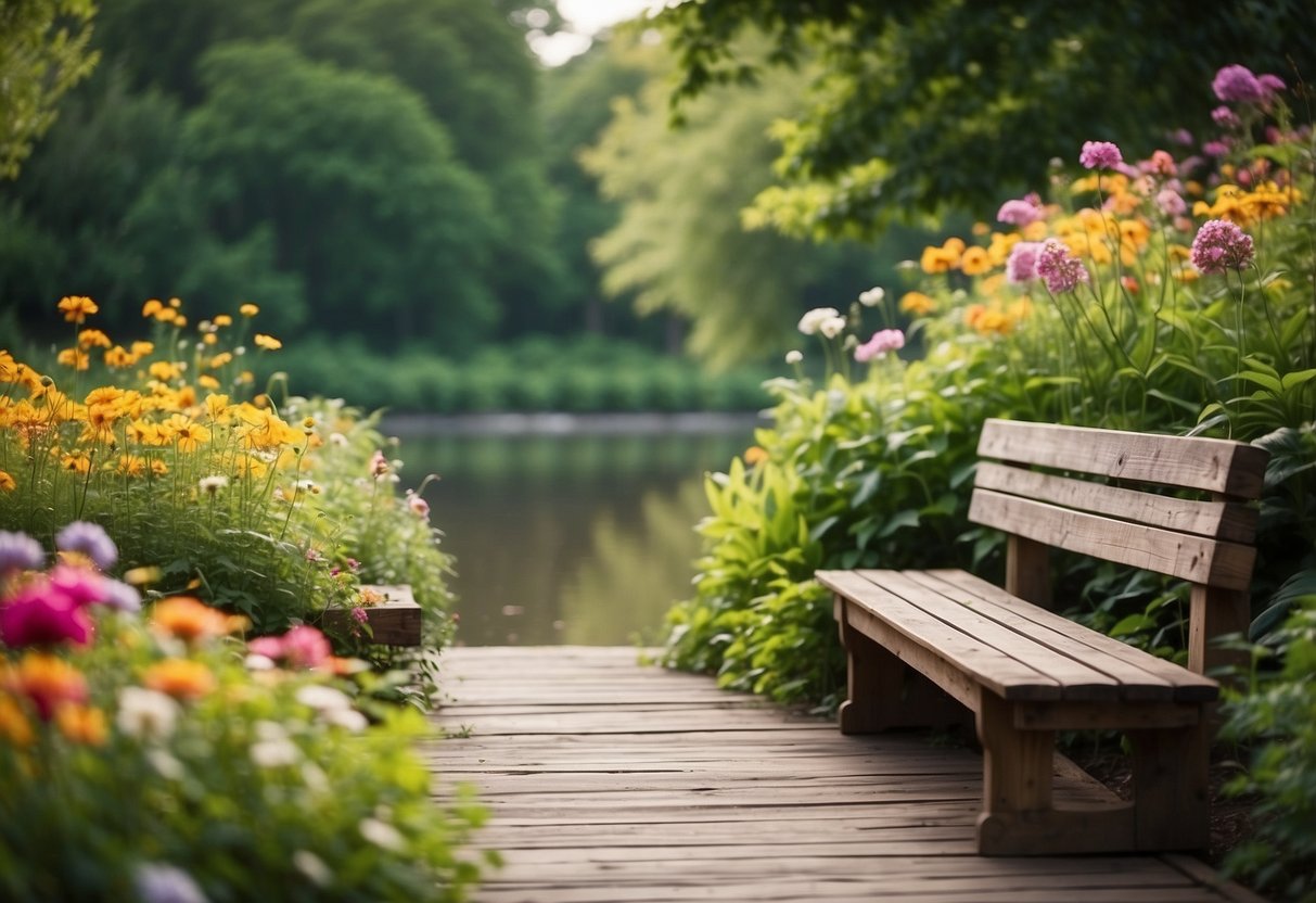 Rustic wooden benches line the river bank, surrounded by lush greenery and colorful flowers, creating a serene and inviting garden space