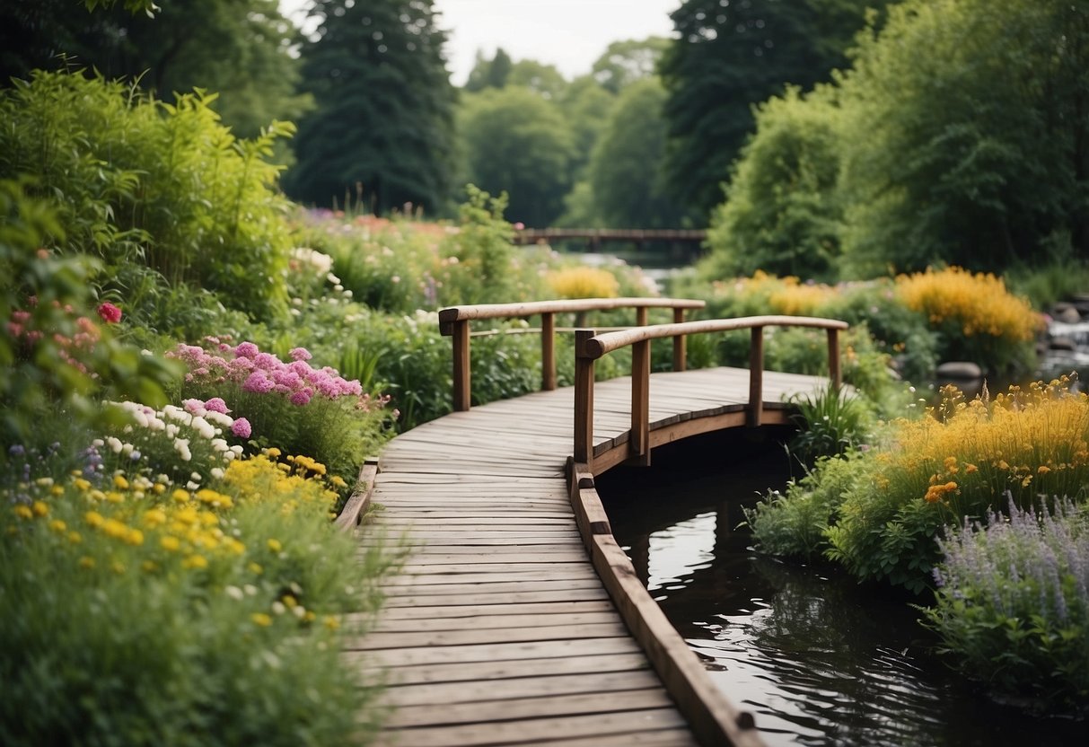 Lush greenery lines the river bank, with colorful flowers and shrubs carefully maintained. A small wooden bridge crosses a gentle stream, leading to a tranquil seating area surrounded by carefully manicured plants