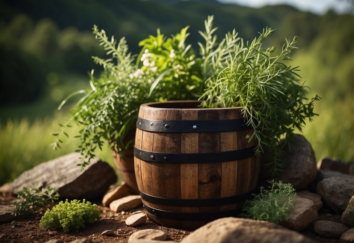 A whiskey barrel filled with various herbs, nestled in a ring of small stones, surrounded by lush greenery