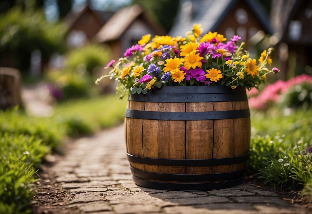 A whiskey barrel overflowing with vibrant flowers, surrounded by miniature fairy houses and winding paths