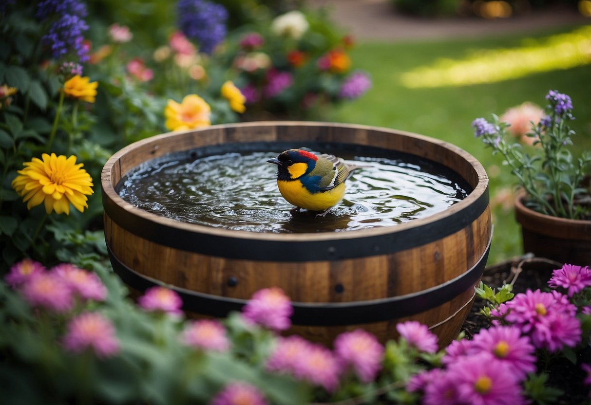 A whiskey barrel converted into a bird bath sits in a lush garden, surrounded by colorful rings of flowers and greenery