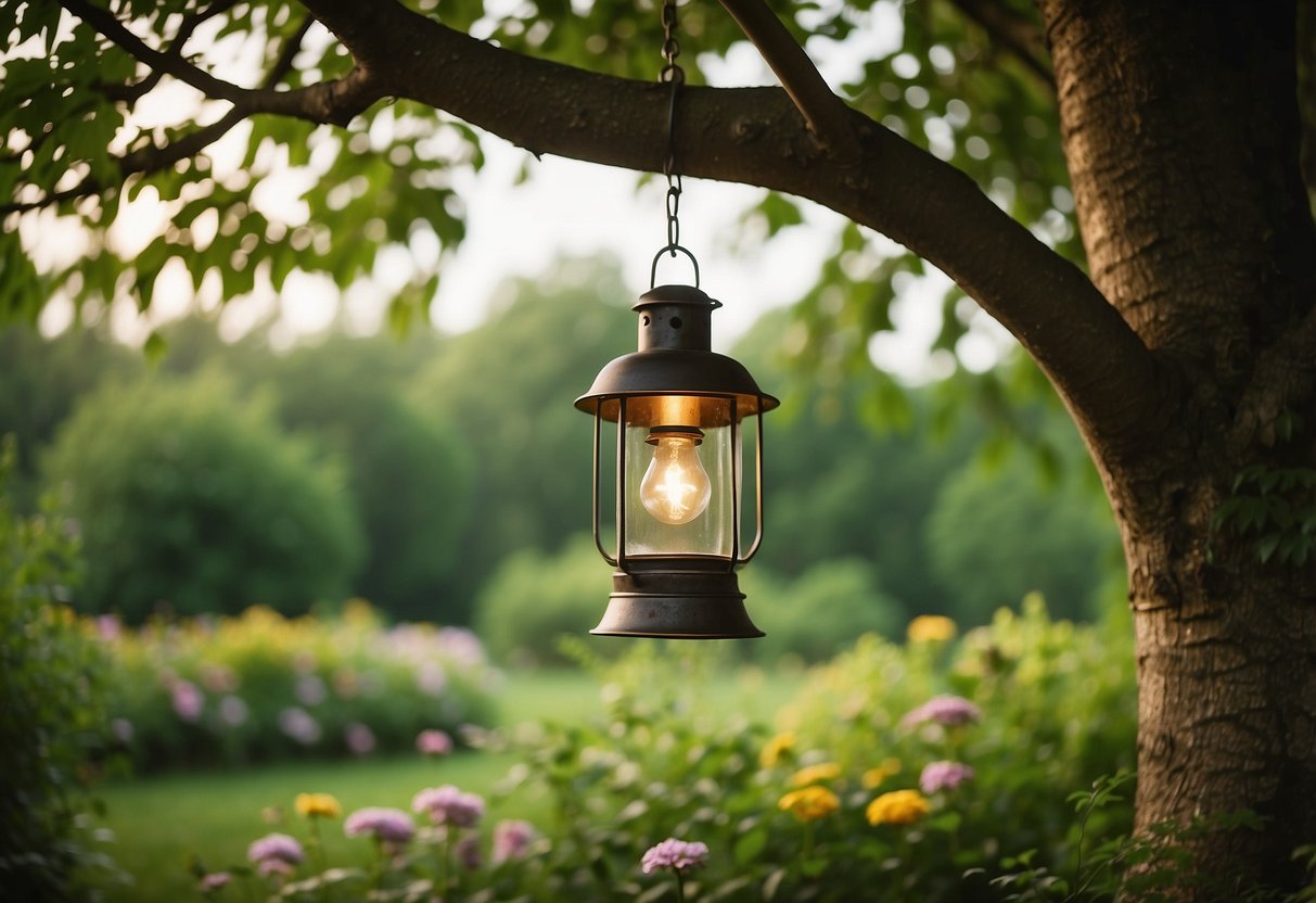 A vintage lantern hangs from a whiskey barrel ring in a garden, surrounded by lush greenery and blooming flowers