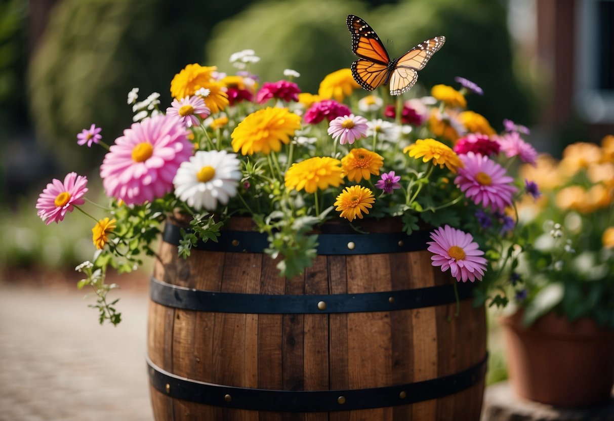 A whiskey barrel filled with colorful flowers and butterfly houses arranged in a garden setting