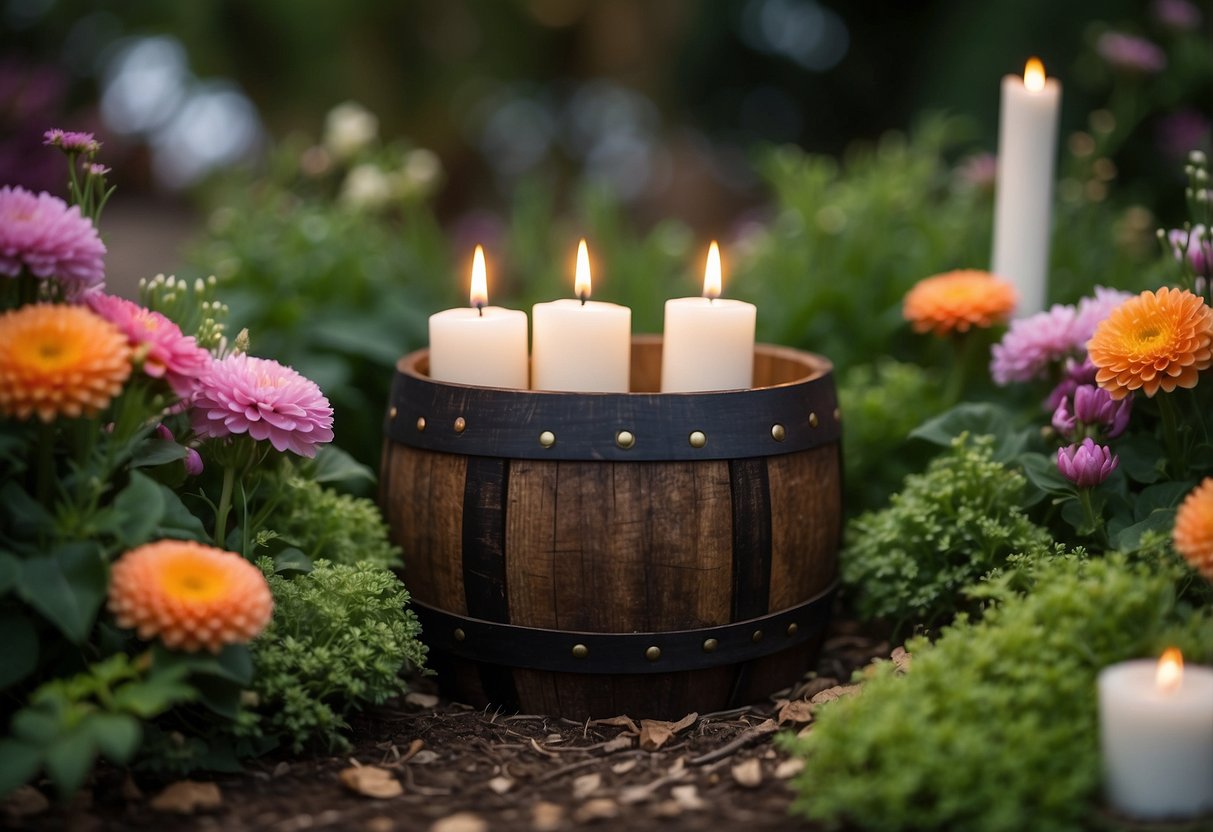 A whiskey barrel ring holds multiple candle holders, placed in a garden setting with greenery and flowers surrounding it