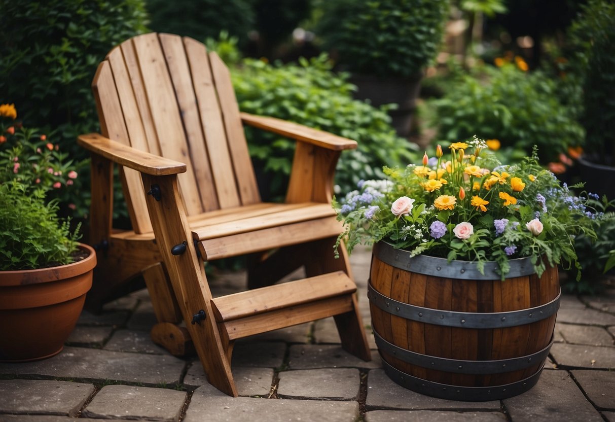 A wooden planter chair with a whiskey barrel ring, filled with lush greenery and flowers, creating a cozy garden oasis