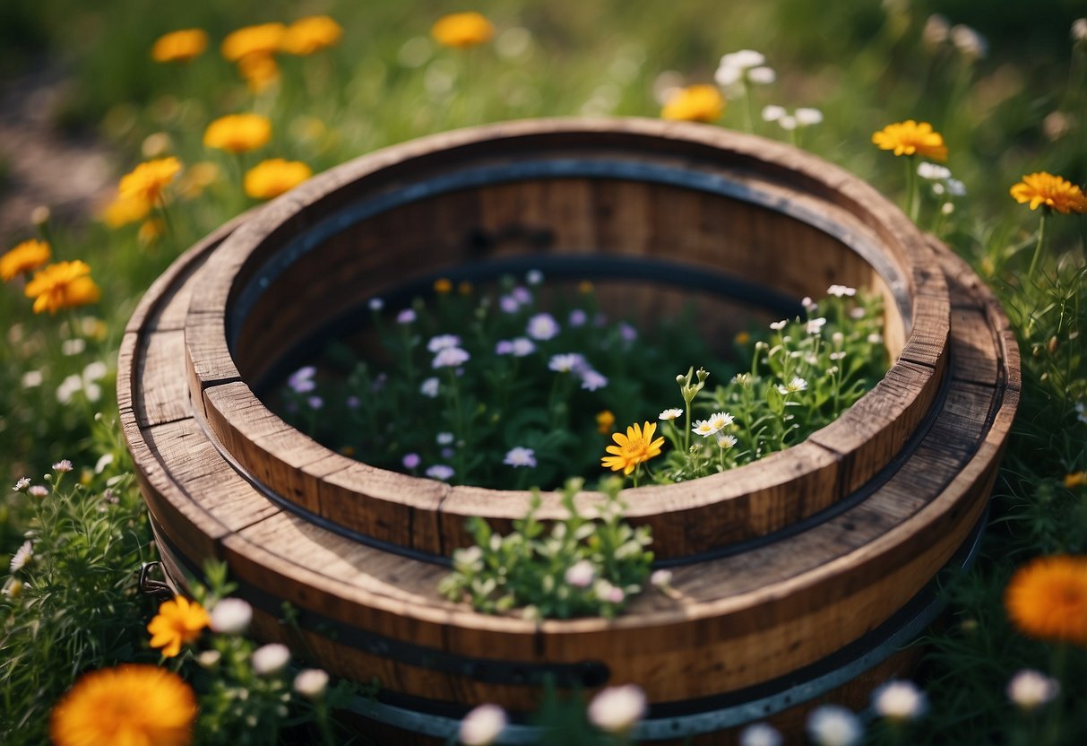 A whiskey barrel ring filled with vibrant flowers and herbs, surrounded by neatly trimmed grass and decorative stones