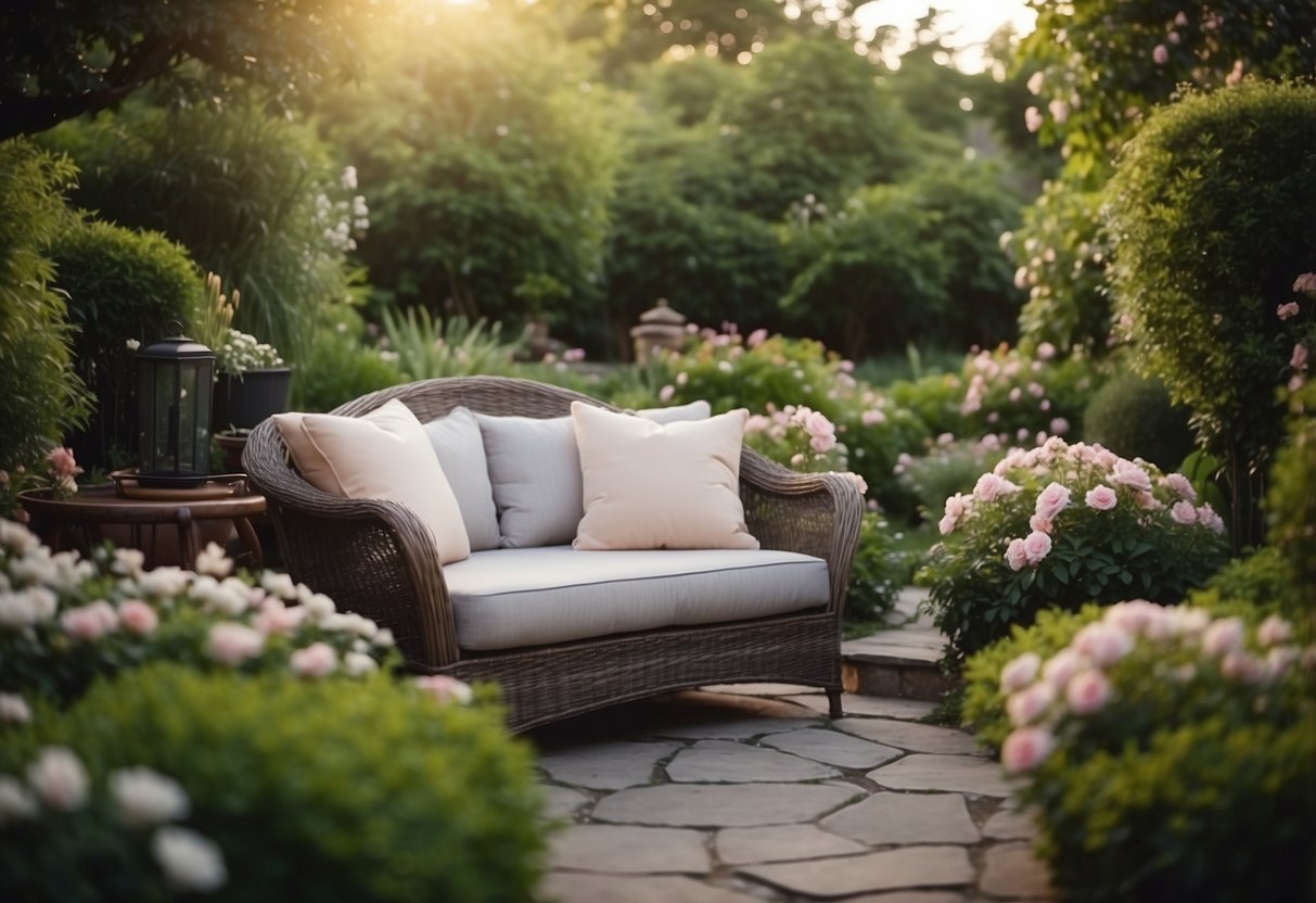 A cozy seating area in a romantic garden with lush greenery, soft lighting, and comfortable furniture nestled among blooming flowers and winding pathways