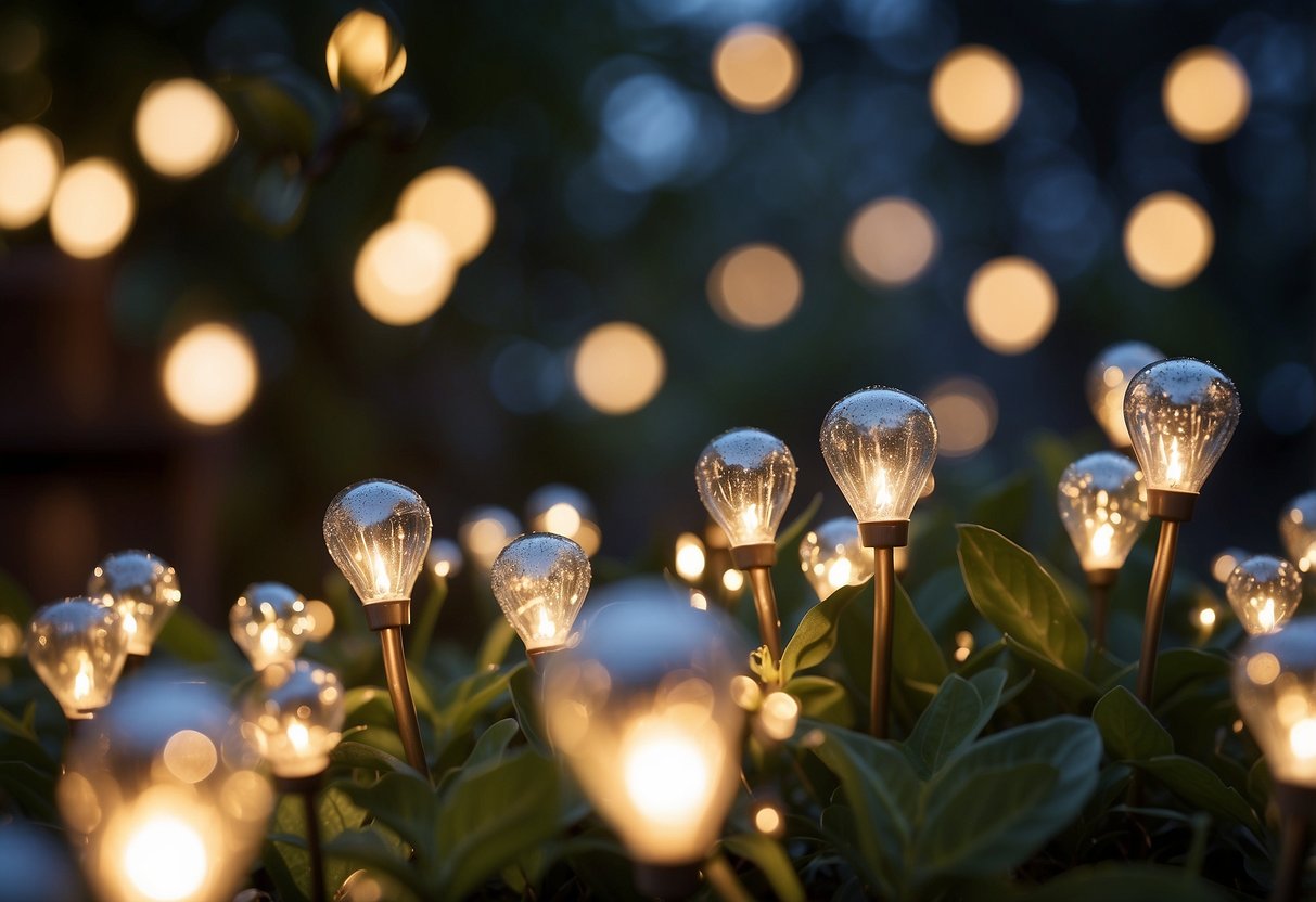 A garden adorned with twinkling fairy lights, creating a romantic and enchanting atmosphere