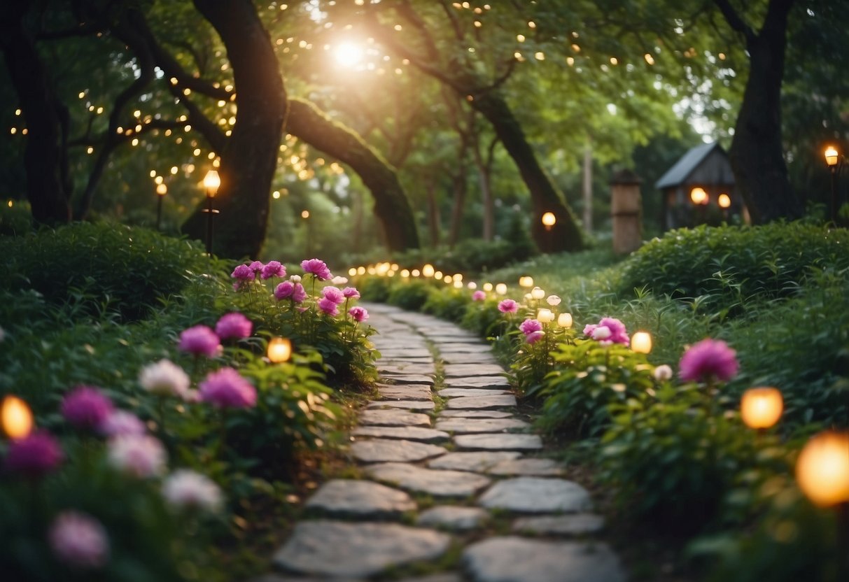 A winding stone path leads through lush greenery, with colorful flowers and twinkling fairy lights creating a romantic atmosphere