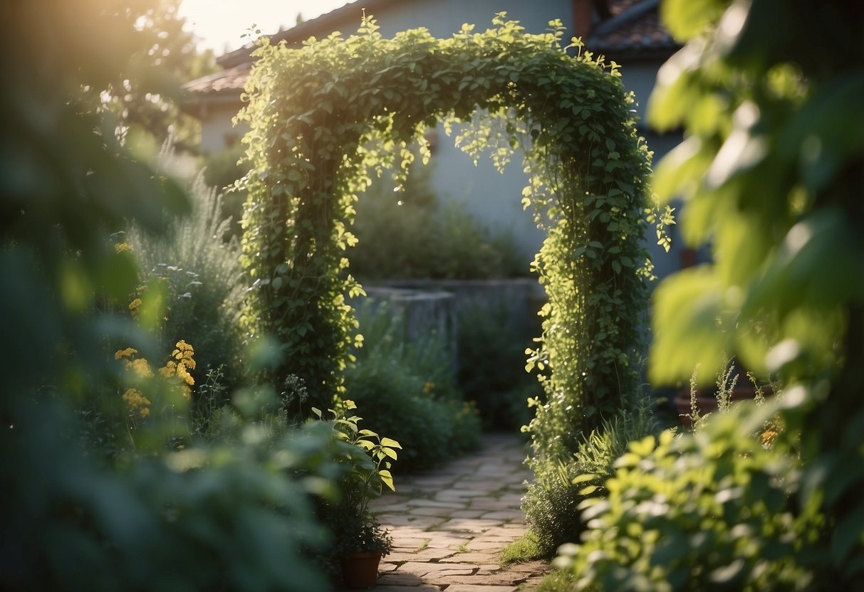 Lush herbs fill a garden, releasing sweet scents. Vines climb trellises, creating a romantic atmosphere