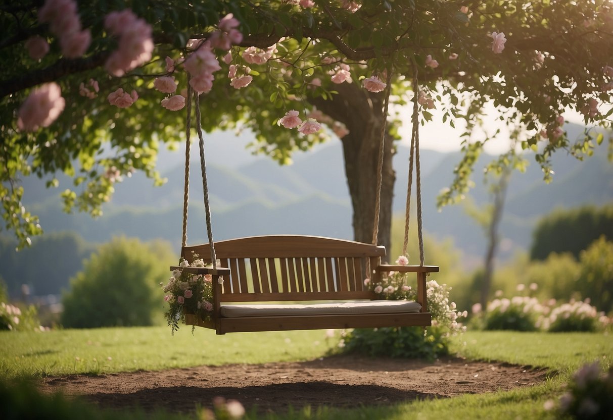 A garden swing hangs from a sturdy tree branch, surrounded by blooming flowers and lush greenery, creating a romantic and peaceful atmosphere