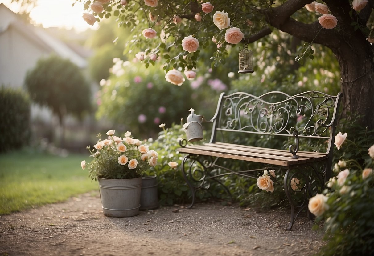 A quaint garden with vintage decor: a wrought iron bench surrounded by blooming roses, a weathered birdcage hanging from a tree, and a rustic watering can overflowing with wildflowers