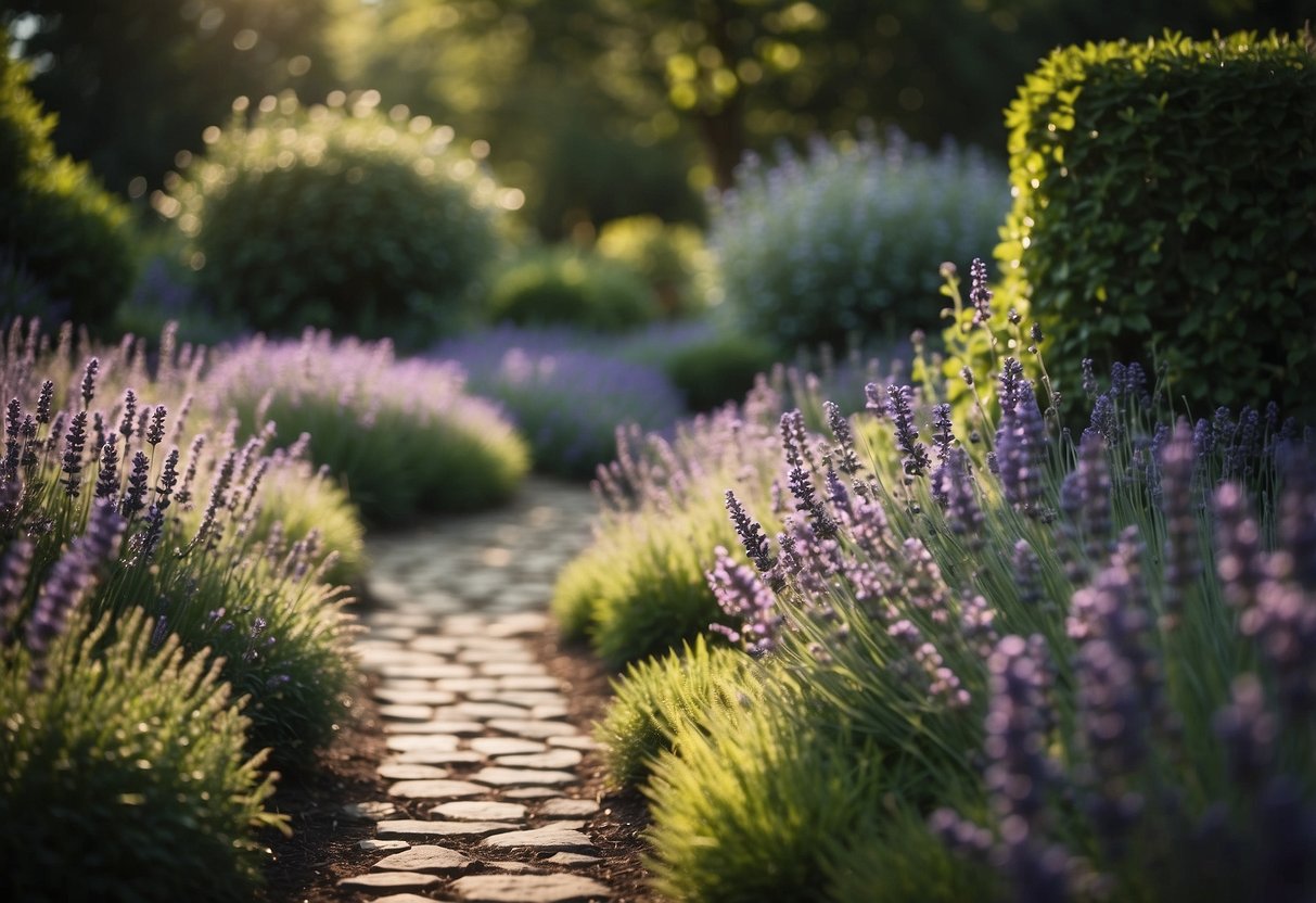 A lush garden with winding lavender pathways, surrounded by vibrant flowers and greenery, creating a serene and regal atmosphere