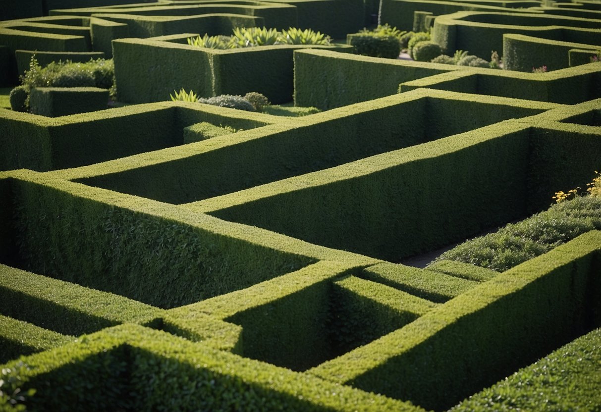 Lush green hedges form intricate mazes in a grand royal garden, creating a sense of wonder and enchantment