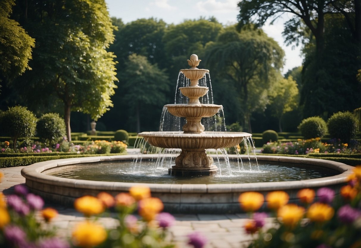 A grand ornamental fountain stands at the center of a meticulously manicured royal garden, surrounded by lush greenery and colorful flowers