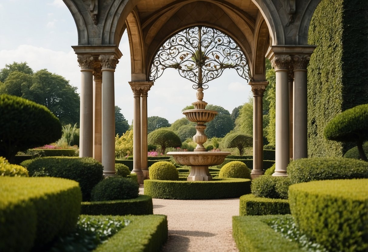 A grand garden folly stands tall among manicured hedges and blooming flowers, with intricate architectural details and a sense of regal elegance