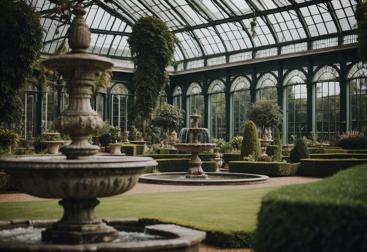 A grand Victorian glasshouse surrounded by lush, manicured gardens, with ornate fountains and statues, creating a regal and elegant atmosphere