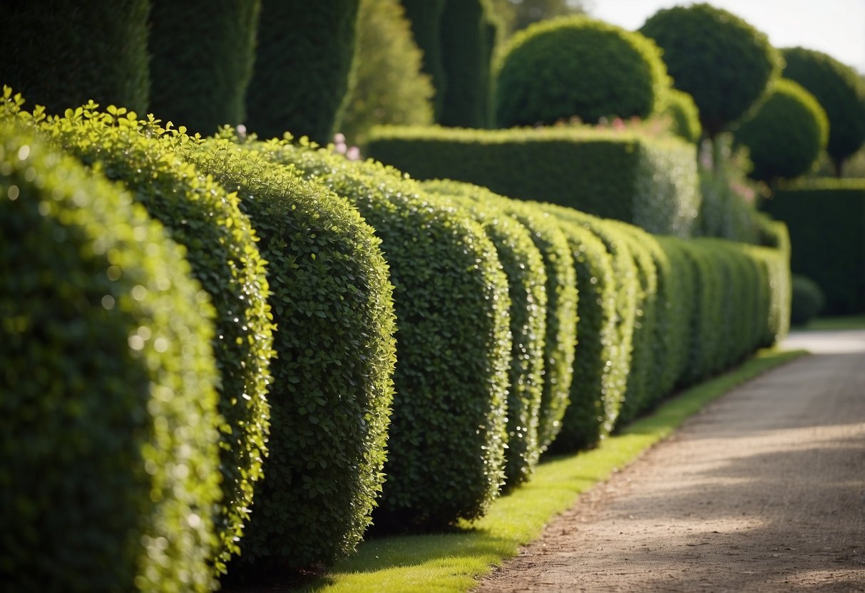 Trimmed box hedges line a grand garden path, leading to a regal centerpiece